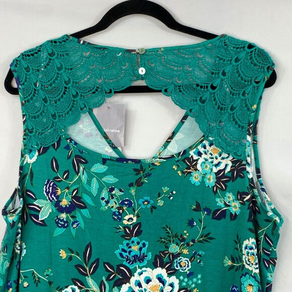 Daniel Rainn Tank Top Women 1X Green Floral Print Fantine Crochet Detail V Neck - Picture 10 of 14